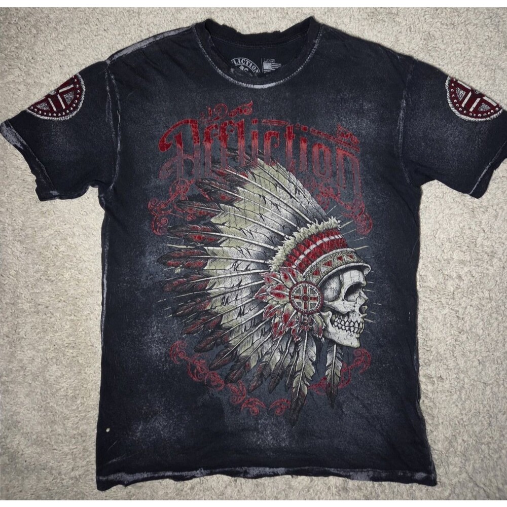 Affliction Skull Headdress Graphic T-Shirt Men’s Large Black Red Distressed Y2K